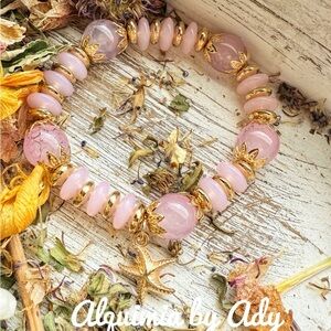 Pink Quartz chunky gold charm and crystal bracelet